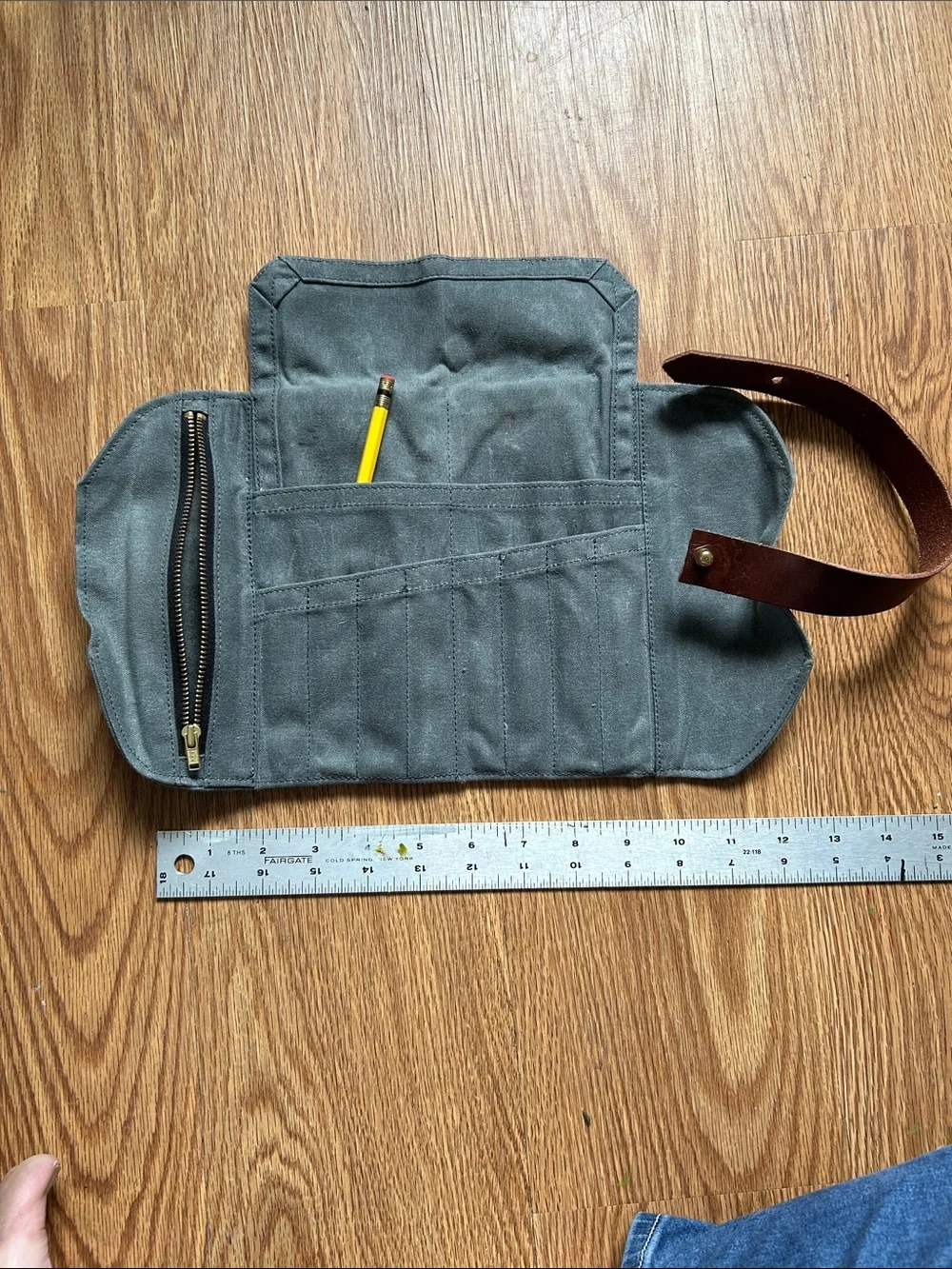 Canvas Tool Roll Organizer in Gray with Leather Strap
